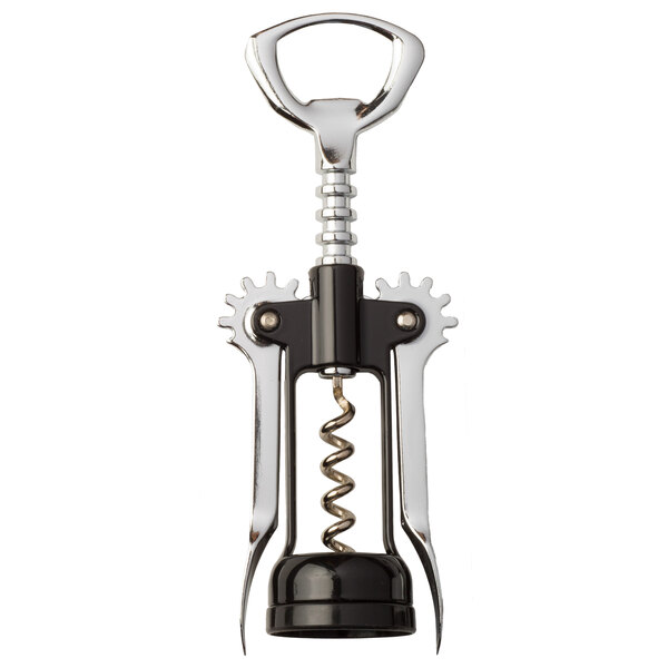 A Franmara chrome-plated wing corkscrew with a black enameled metal handle.