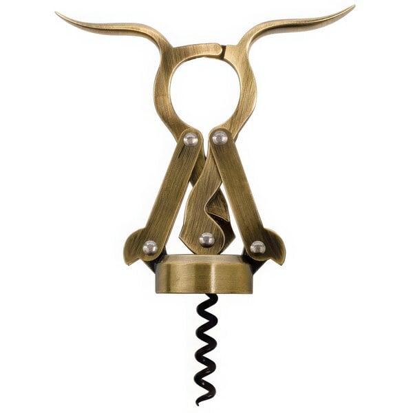 A Franmara Empire double-lever corkscrew with a metal and brown antique finish with horns and a black spiral.