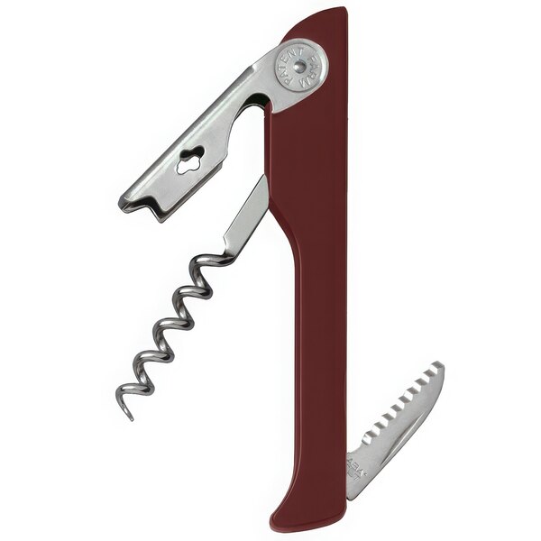 A Franmara Hugger Waiter's Corkscrew with a burgundy handle, a silver blade, and a bottle opener.