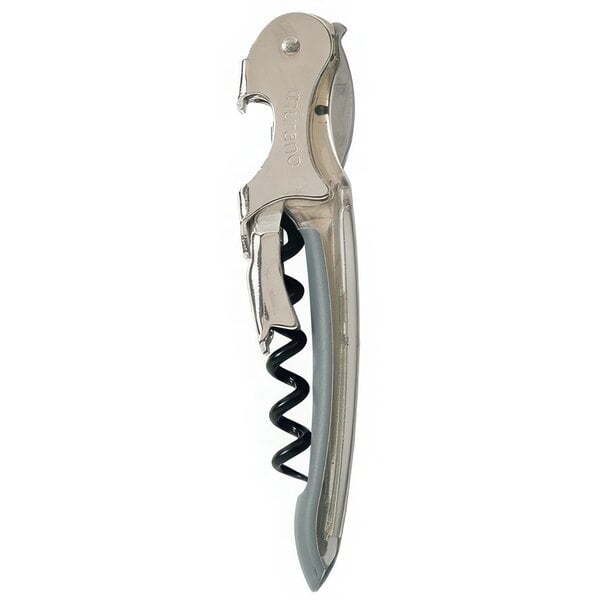 A Franmara Murano waiter's corkscrew with a translucent clear handle and silver and black accents.
