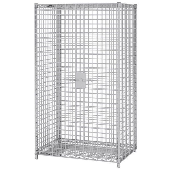 A white metal cage with grids and a wire mesh door.