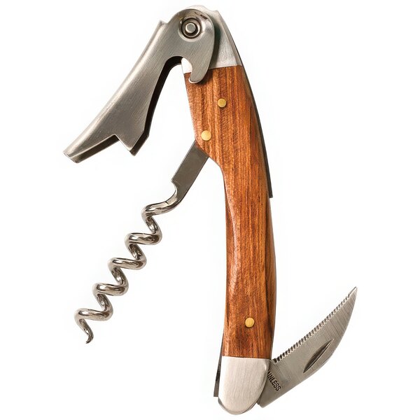 A Franmara stainless steel waiter's corkscrew with a brown wood inset handle.