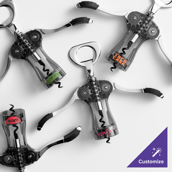 A set of customizable wing corkscrews with translucent smoke-colored bodies and metal handles.