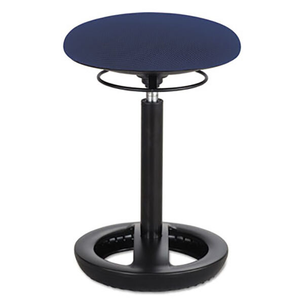 A blue Safco Twixt desk height stool with a round base and seat.