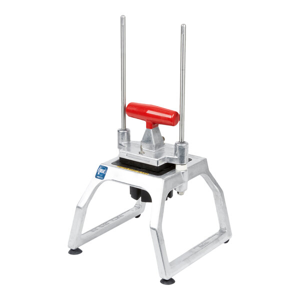 A tabletop-mounted fruit and vegetable wedger with a red handle and metal frame, designed to cut produce into 8 sections.