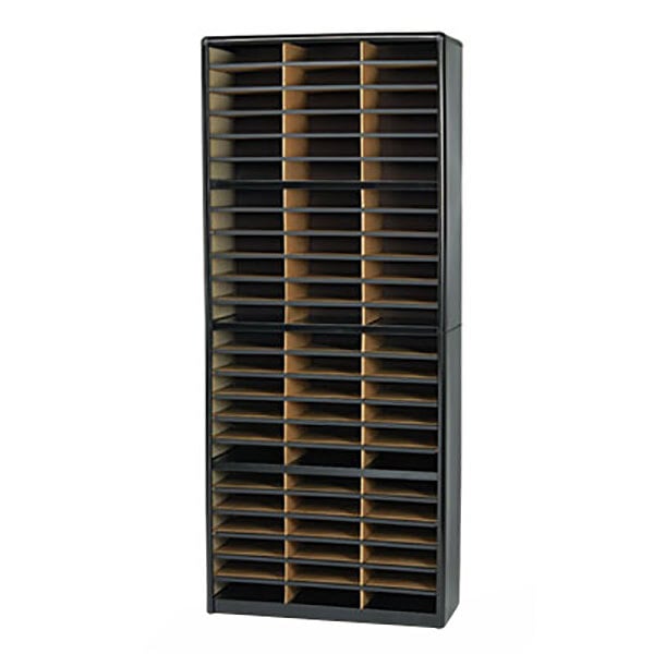 A black metal Safco file organizer with many compartments.