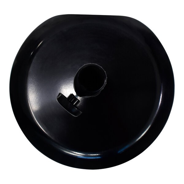 A black California Umbrella base with a wheel.