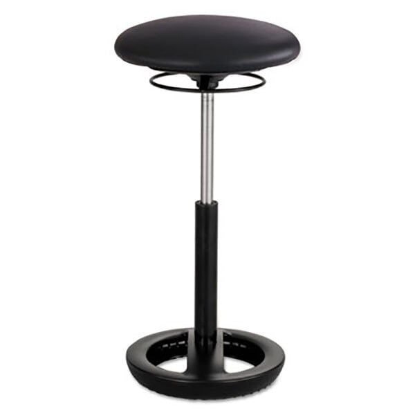 A black Safco Twixt ergonomic stool with a metal base and vinyl seat.