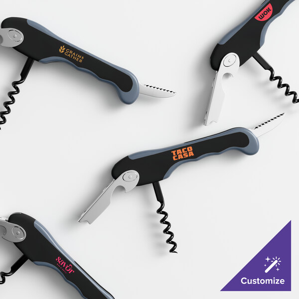 A customizable waiter's corkscrew with a black handle and metal components.