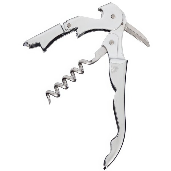 A Franmara silver corkscrew with a chrome plated stainless steel handle.