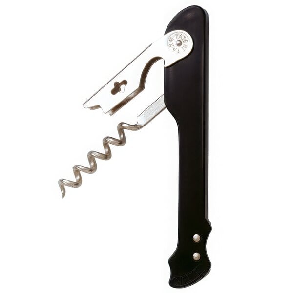 A close up of a Franmara Genesis Waiter's Corkscrew with a black handle with silver accents.