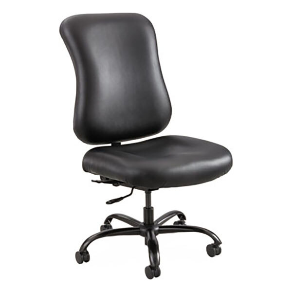 A Safco black vinyl office chair with wheels.