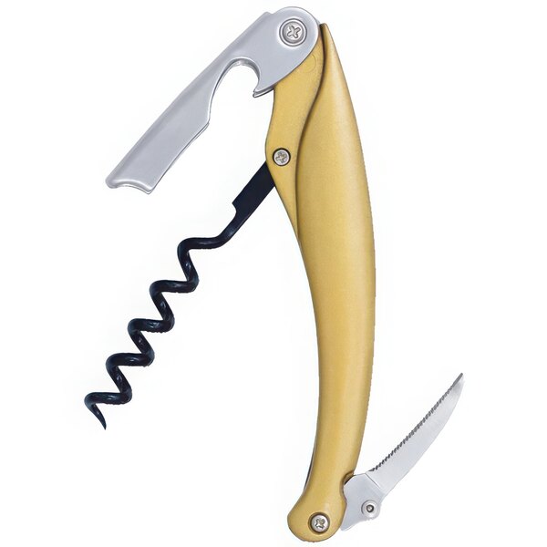 A Franmara Dauphine Waiter's Corkscrew with a gold and black spiral and anodized gold metal alloy handle.