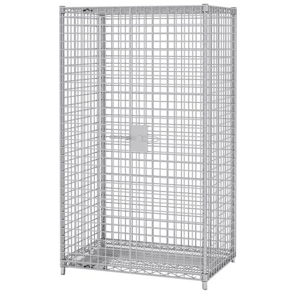 A white metal cage with grids and a lock on it.