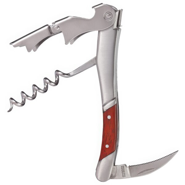 A Franmara Bellini double lever waiter's corkscrew with a rosewood handle and a red handle.