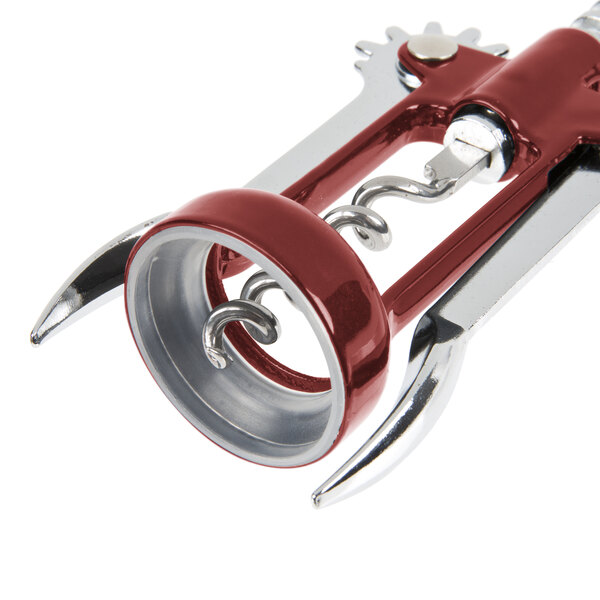 A Franmara Tavern wing corkscrew with a burgundy and silver metal handle.