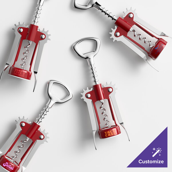 A set of customizable wing corkscrews with burgundy bodies and metal handles.