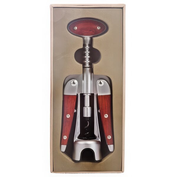A Laguiole Deluxe wing corkscrew with wood inlaid handles in a box.