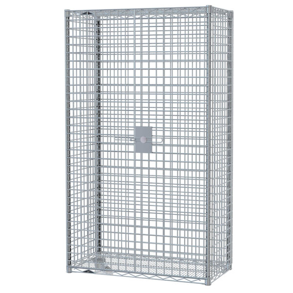 A Metro stainless steel wire security cage with a lock on the door.