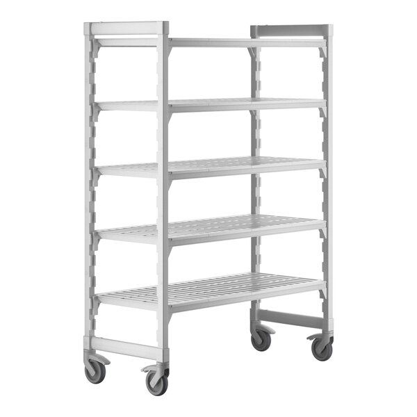 A white metal Camshelving® Premium mobile shelving unit with 5 shelves on wheels.