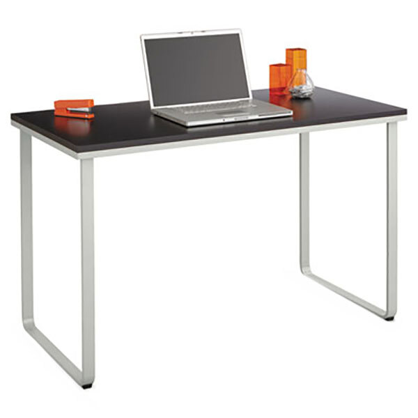 A black Safco steel workstation with a laptop on it.