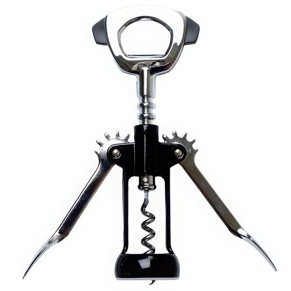 A Franmara Ultimo chrome-plated wing corkscrew with a black enameled metal handle.