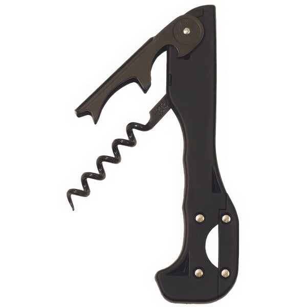 A Franmara black Boomerang Two-Step Waiter's Corkscrew with a black handle.