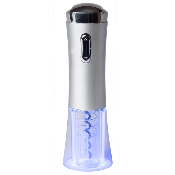 A silver Franmara Quick-Cork electric corkscrew with a blue light.