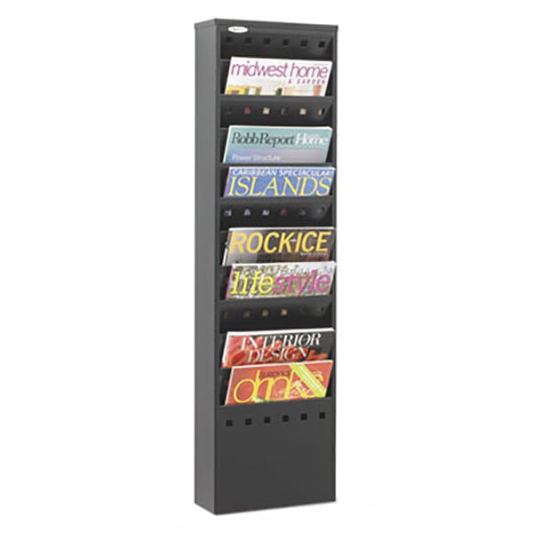 A black Safco magazine rack filled with magazines.