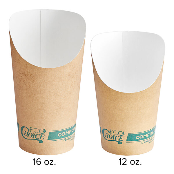 A brown EcoChoice paper cup with a white lid.
