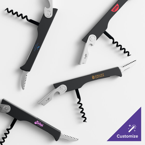 A set of customizable waiter's corkscrews with black ABS plastic handles and non-stick spirals.
