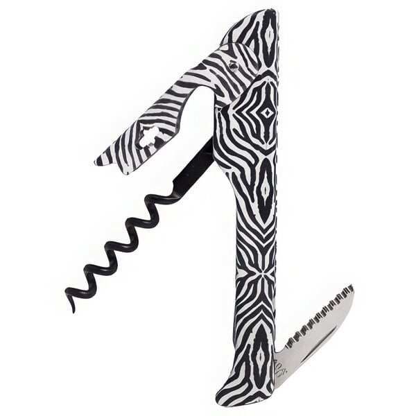 A Franmara Hugger Designer Collection waiter's corkscrew with a Zebra print.