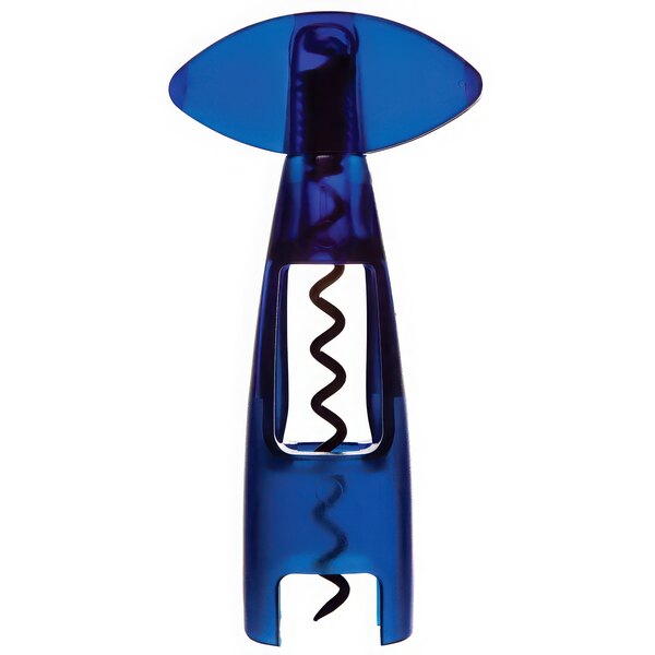 A translucent blue Franmara Magellan corkscrew with a black spiral.