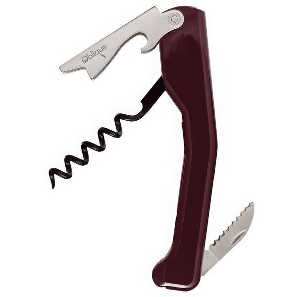 An Oblique waiter's corkscrew with a burgundy handle and knife.