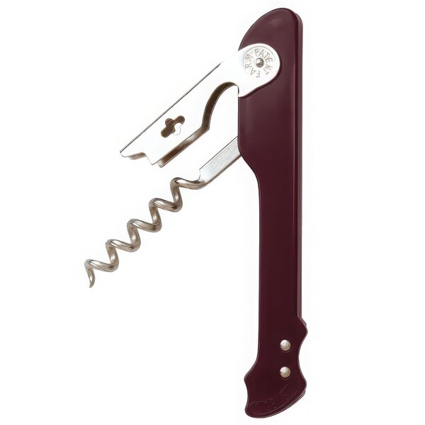 A Franmara Genesis waiter's corkscrew with a burgundy handle and corkscrew on a white background.