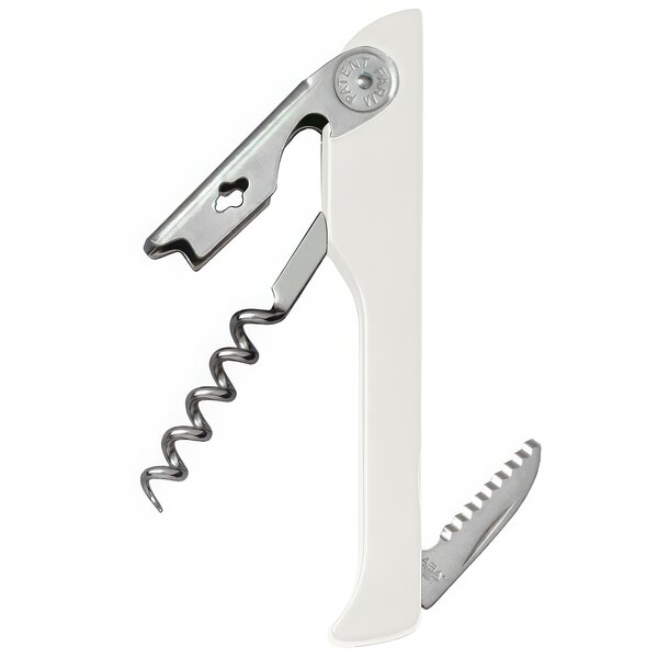 A Franmara white Hugger Waiter's Corkscrew with a corkscrew and a bottle opener.