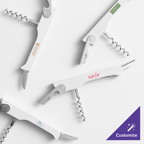 A set of white ABS plastic handle waiter's corkscrews that are customizable with different logos or text.