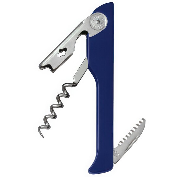 A Franmara Hugger Waiter's Corkscrew with a dark blue ABS plastic handle with silver accents.