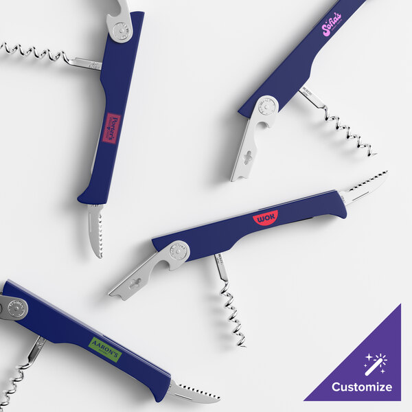 A set of customizable dark blue waiter's corkscrews with ABS plastic handles.