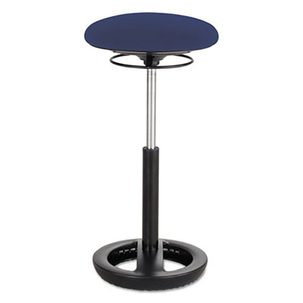 A blue Safco Twixt ergonomic stool with a metal base.