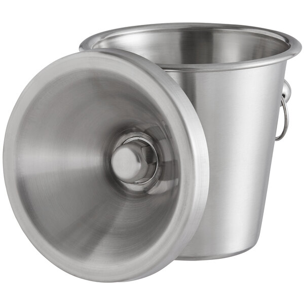 A customizable Franmara stainless steel wine tasting spittoon with lid.