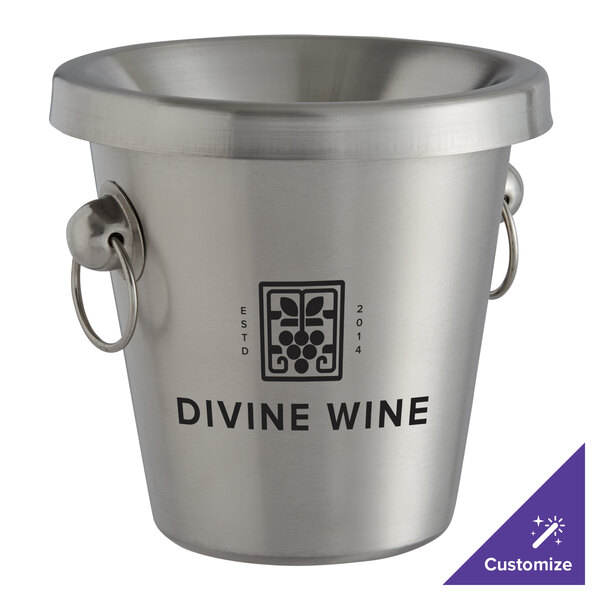 A customizable stainless steel Franmara wine tasting spittoon on a counter.