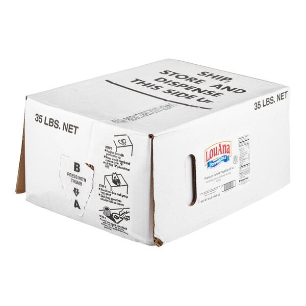 A white cardboard box labeled "LouAna" and "35 LBS. NET" with dispensing instructions and handles on the sides.