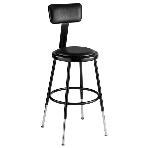 A National Public Seating black lab stool with a black padded seat and backrest.