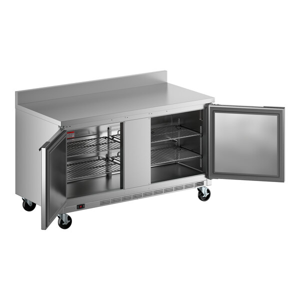 A stainless steel Beverage-Air worktop refrigerator with two doors open.