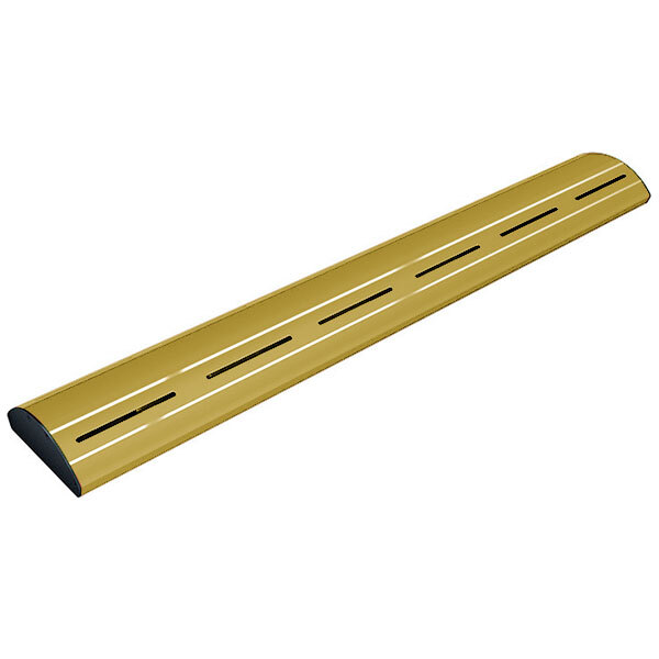 A long gold metal beam with a black stripe and LED lights.