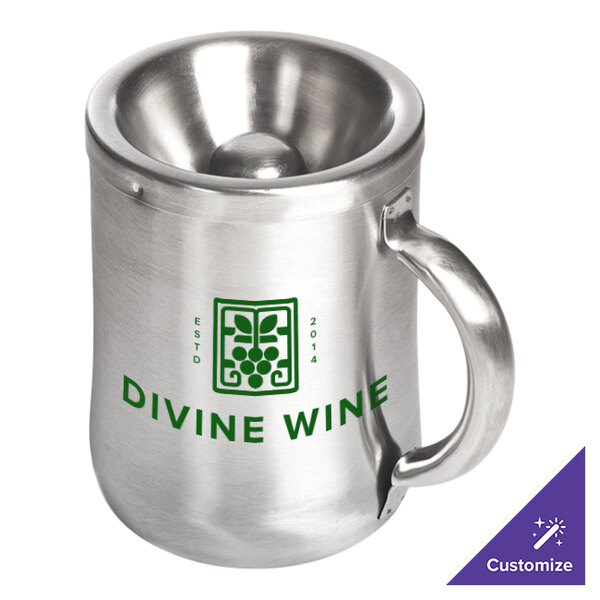 A stainless steel Franmara wine tasting spittoon with a handle.
