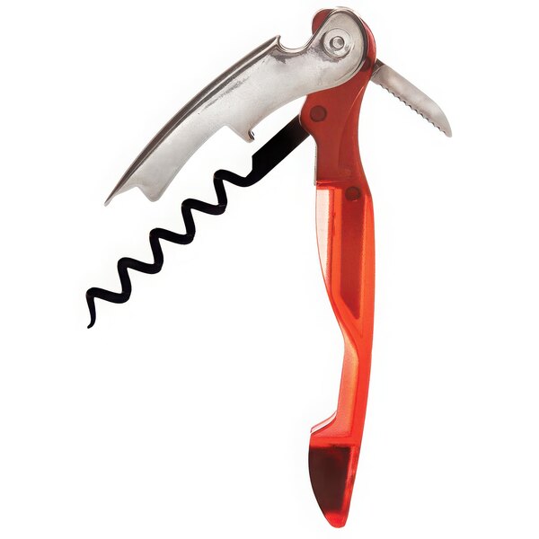 A PullPlus Domaine waiter's corkscrew with a translucent rose wine handle and a red corkscrew.