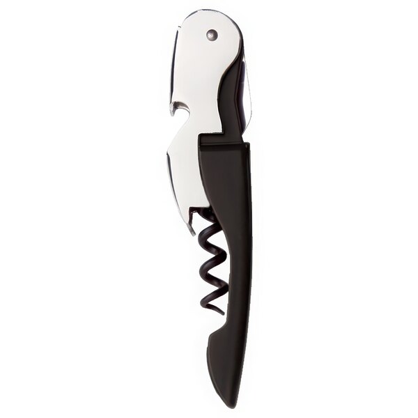 A PullPlus waiter's corkscrew with a black and silver enameled steel handle.