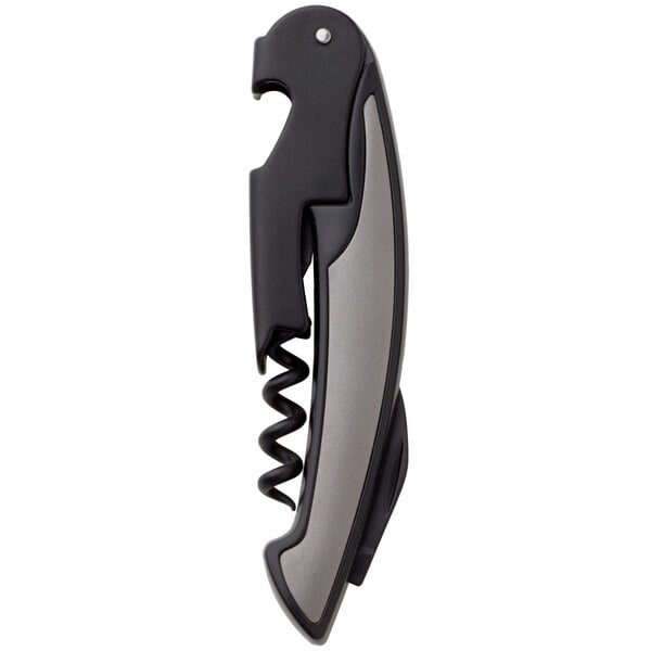 A Franmara waiter's corkscrew with a gray and black handle and silver blade.